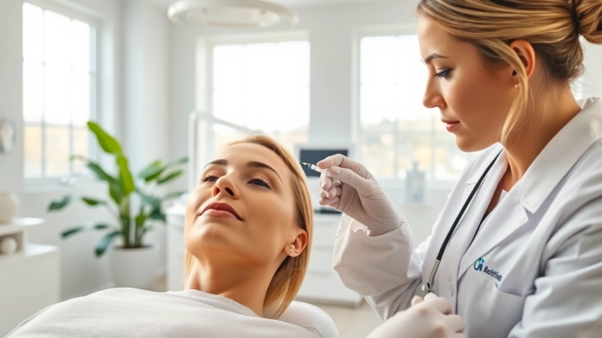 Administering wrinkle relaxers in a bright clinical setting by a professional dermatologist.