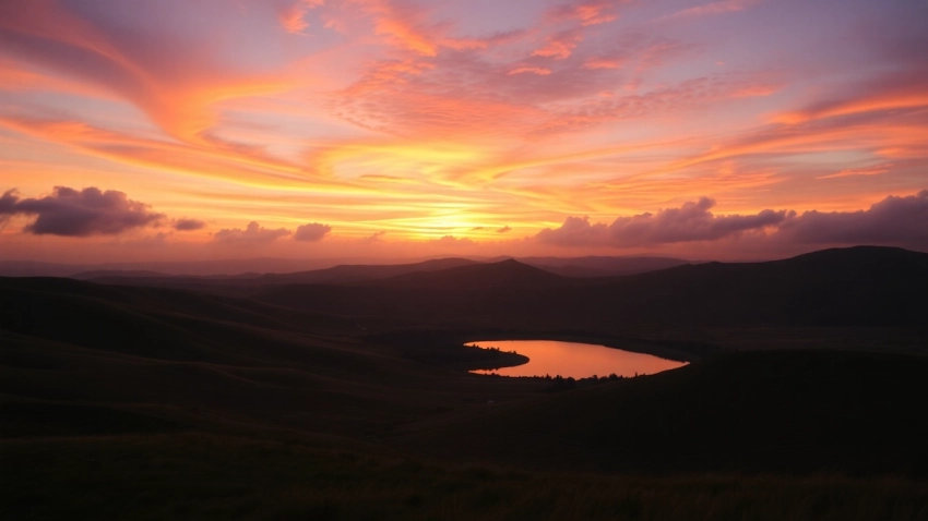 Generate prompt for a serene sunset landscape with vibrant colors and reflective water.