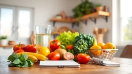 Health-conscious intake of nutritious fruits and vegetables on a sunlit kitchen table