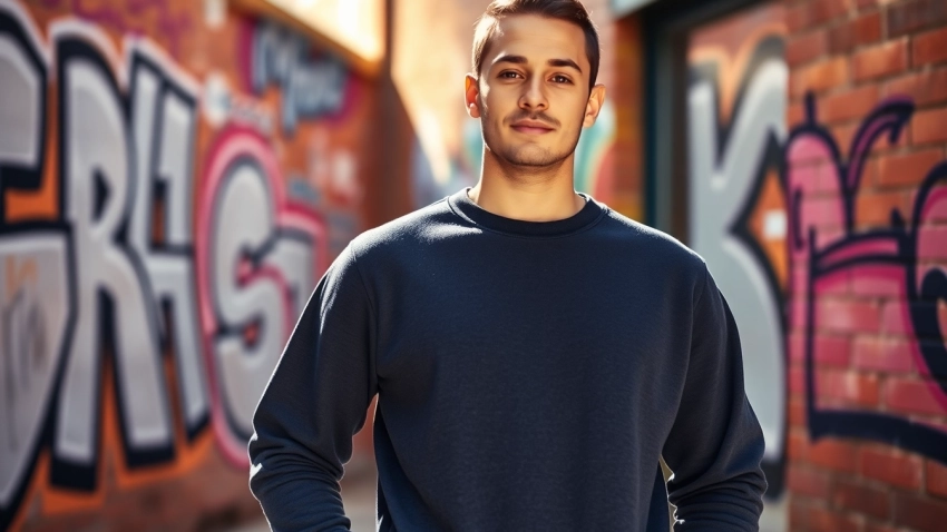 Showcasing a stylish crew neck sweatshirt worn by a model in an urban setting with vibrant details.