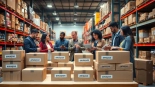 Engaging scene of amazon wholesale professionals analyzing inventory in a warehouse setting.