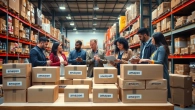 Engaging scene of amazon wholesale professionals analyzing inventory in a warehouse setting.