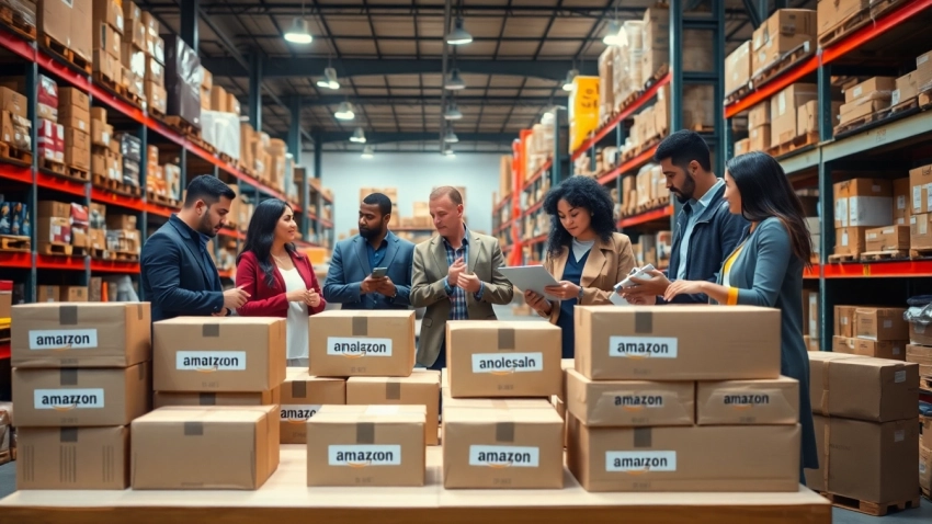 Engaging scene of amazon wholesale professionals analyzing inventory in a warehouse setting.