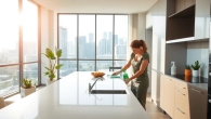 Efficient bond cleaning brisbane service highlights a professional cleaner scrubbing surfaces in a bright apartment.