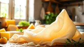 Kaasdoek gebruikt voor het maken van verse kaas in een rustieke keuken.