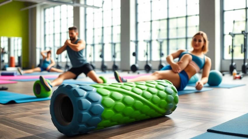 Engage with durable foam rollers during a fitness routine in a bright gym.