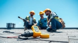 Inspecting a commercial roof waterproofing project with professional tools and bright daylight.