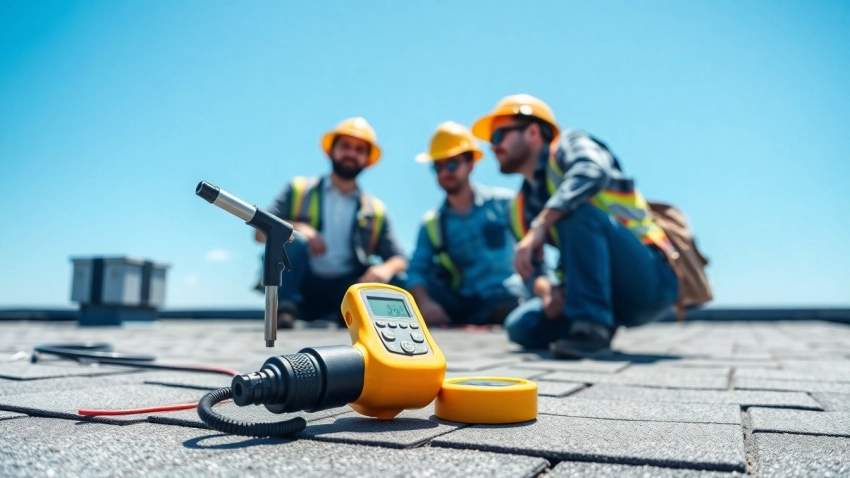 Inspecting a commercial roof waterproofing project with professional tools and bright daylight.