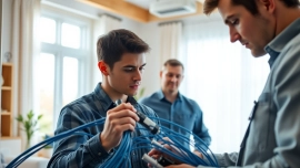 Installing sonic internet in a modern home, showcasing professional technicians at work.