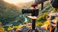 Photographing with a Camera Stabilizer on a rocky outcrop during golden hour