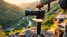 Photographing with a Camera Stabilizer on a rocky outcrop during golden hour