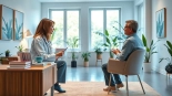 Psychiatrist consulting with a patient in a bright and tranquil office setting.