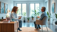 Psychiatrist consulting with a patient in a bright and tranquil office setting.