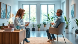 Psychiatrist consulting with a patient in a bright and tranquil office setting.