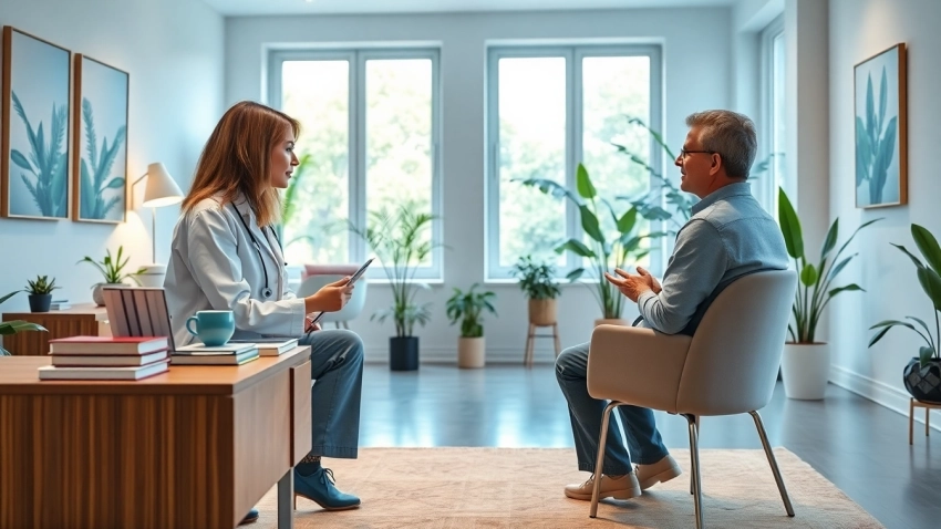 Psychiatrist consulting with a patient in a bright and tranquil office setting.