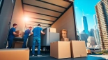 NYC movers strategically packing furniture and boxes on a bustling city street.
