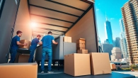 NYC movers strategically packing furniture and boxes on a bustling city street.