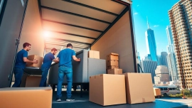 NYC movers strategically packing furniture and boxes on a bustling city street.