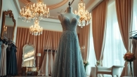 Showcasing a silver evening dress with intricate beadwork in a luxurious boutique setting.