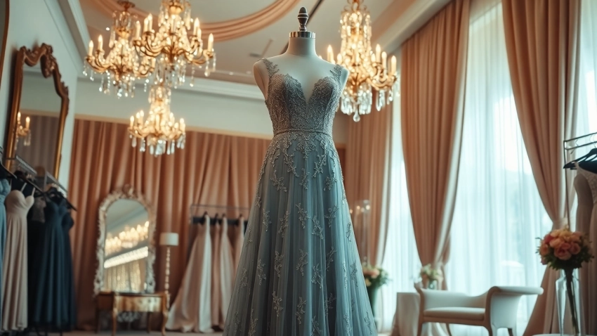 Showcasing a silver evening dress with intricate beadwork in a luxurious boutique setting.