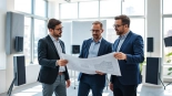 Consultants from https://www.polarisacoustics.com collaborating on acoustic design plans.