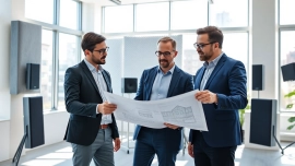 Consultants from https://www.polarisacoustics.com collaborating on acoustic design plans.