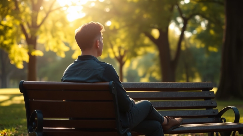 Reflective moment capturing the essence of navigating a relationship breakup in a serene park setting.