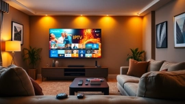 Comprar IPTV en una sala de estar moderna con un televisor inteligente mostrando canales vibrantes.
