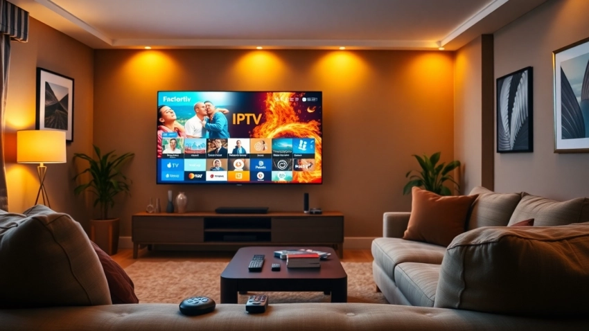Comprar IPTV en una sala de estar moderna con un televisor inteligente mostrando canales vibrantes.