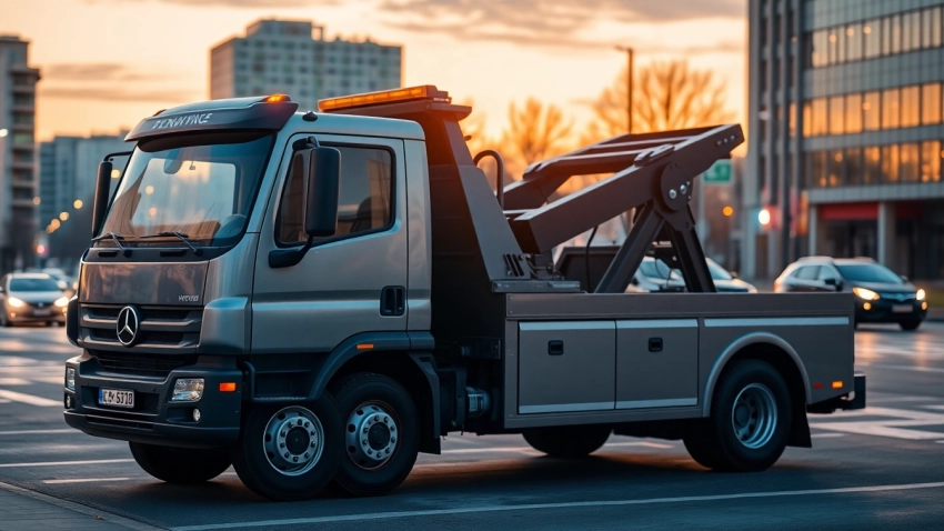 Laweta Katowice, profesjonalny truck w miejskim otoczeniu, gotowy do pomocy.