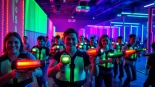 Engaged players enjoy an intense laser tag battle in a vibrant arena, showcasing the excitement.