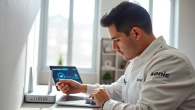 Connect to Sonic Fiber Internet with a skilled technician at work in a modern home office.