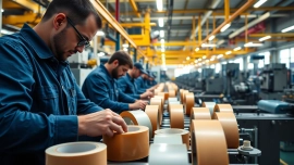 Showcase quality production process at a tape manufacturer with advanced machinery and skilled workers.