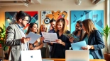 Engaging team of music pr companies professionals strategizing in a creative office.