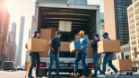 Efficient NYC movers packing and loading items into a truck amidst the vibrant NYC skyline.