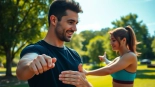 Motivated personal trainer in Tonbridge guiding client through an outdoor fitness session.