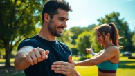 Motivated personal trainer in Tonbridge guiding client through an outdoor fitness session.