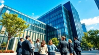 Professionals discussing their commercial property insurance options in front of a modern office building.