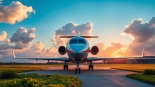 Luxury Private Jets for Rent: Elegant private jet parked at sunset on a pristine runway.