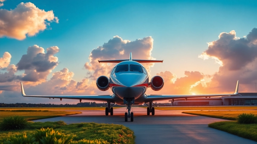 Luxury Private Jets for Rent: Elegant private jet parked at sunset on a pristine runway.