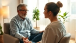 Therapist assisting with anxiety management in a comforting therapy room, promoting relaxation.
