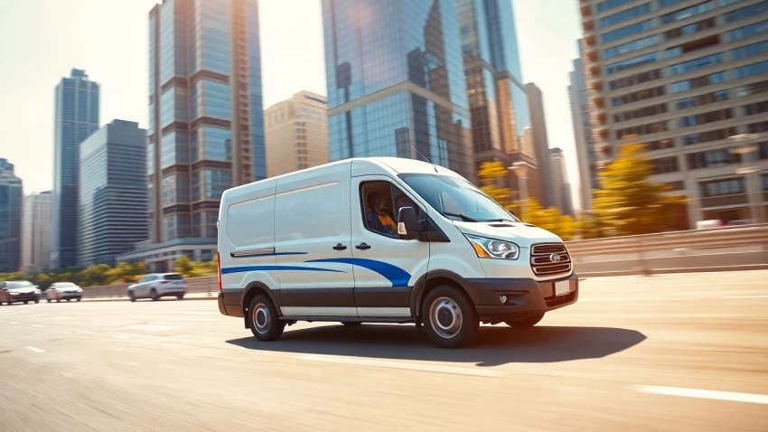 Efficient same day courier service vehicle speeding through an urban landscape, emphasizing reliability and speed.
