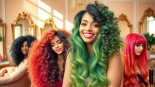 Model displaying vibrant wigs in a chic salon, showcasing styles and textures.