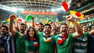 Cheerful fans in Cheap Football Shirts celebrate in a vibrant stadium atmosphere.