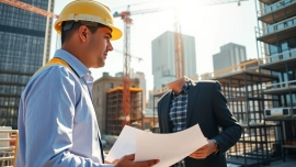 New York City Construction Manager supervising a bustling construction site with safety gear and blueprints.