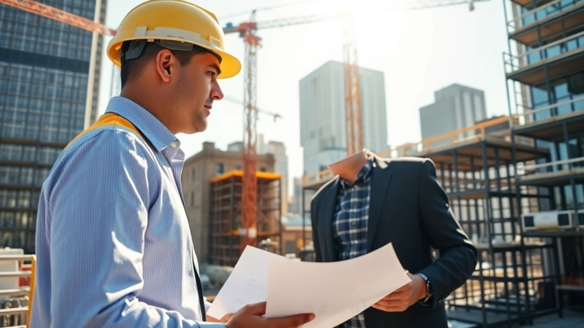 New York City Construction Manager supervising a bustling construction site with safety gear and blueprints.
