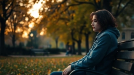 Person reflecting on a relationship breakup in a serene park during golden hour.