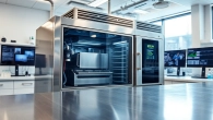 Showcasing industrial freeze dryer in a sophisticated lab environment with advanced equipment.