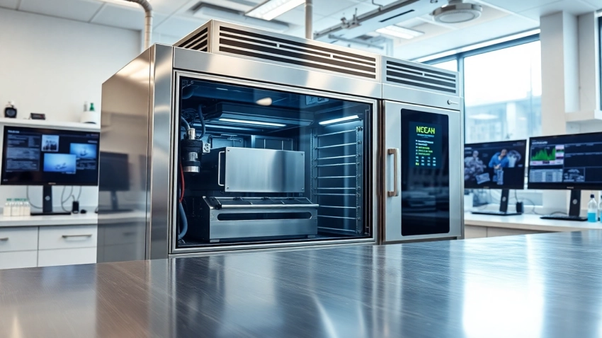 Showcasing industrial freeze dryer in a sophisticated lab environment with advanced equipment.