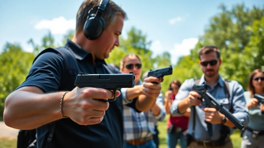 Engaged participants learning about NYS Pistol Permit in a professional firearm training session outdoors.
